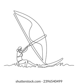 Continuous single line sketch drawing of professional windsurfing athlete woman ride surfboard on ocean wave. One line art of extreme sport and summer holiday vacation vector illustration