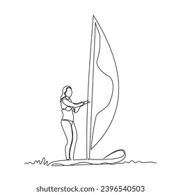 Continuous single line sketch drawing of professional windsurfing athlete woman ride surfboard on ocean wave. One line art of extreme sport and summer holiday vacation vector illustration