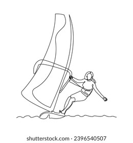 Continuous single line sketch drawing of professional windsurfing athlete woman ride surfboard on ocean wave. One line art of extreme sport and summer holiday vacation vector illustration