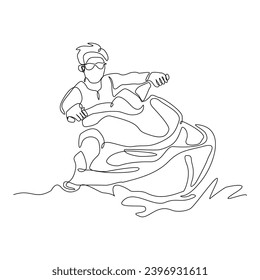 Continuous single line sketch drawing of man riding jet ski power boat on splash wave. One line art of water sport outdoor summer fun holiday activity vector illustration