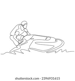 Continuous single line sketch drawing of man riding jet ski power boat on splash wave. One line art of water sport outdoor summer fun holiday activity vector illustration