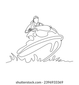 Continuous single line sketch drawing of woman riding jet ski power boat on splash wave. One line art of water sport outdoor summer fun holiday activity vector illustration