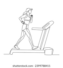 Continuous single line sketch drawing of healthy woman run on treadmill machine. One line art of training gym sport exercise vector illustration