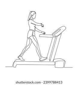 Continuous single line sketch drawing of healthy woman run on treadmill machine. One line art of training gym sport exercise vector illustration