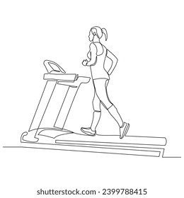 Continuous single line sketch drawing of healthy woman run on treadmill machine. One line art of training gym sport exercise vector illustration