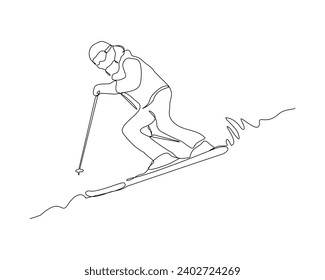 Continuous single line sketch drawing of man skier snow ski down and jump the snowy mountain fast speed. One line art of extreme sport snow ski vector