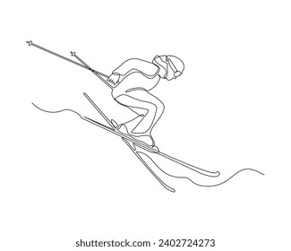 Continuous single line sketch drawing of man skier snow ski down and jump the snowy mountain fast speed. One line art of extreme sport snow ski vector