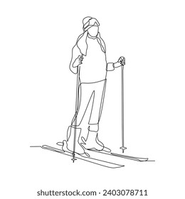 Continuous single line sketch drawing of woman skier snow ski down and jump the snowy mountain fast speed. One line of extreme sport snow ski vector