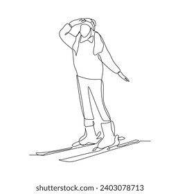 Continuous single line sketch drawing of woman skier snow ski down and jump the snowy mountain fast speed. One line of extreme sport snow ski vector