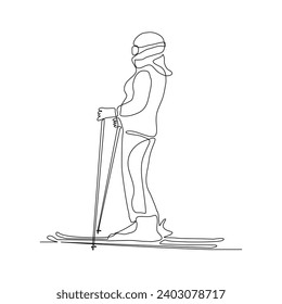 Continuous single line sketch drawing of woman skier snow ski down and jump the snowy mountain fast speed. One line of extreme sport snow ski vector