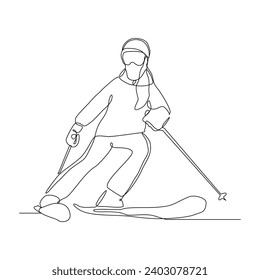 Continuous single line sketch drawing of woman skier snow ski down and jump the snowy mountain fast speed. One line of extreme sport snow ski vector