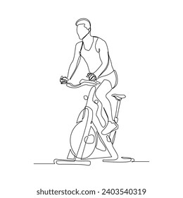 Continuous single line sketch drawing of athletic man riding static bicycle at gym for speed endurance training. One line art of fitness sport healthy activity vector illustration