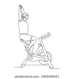 Continuous single line sketch drawing of athletic man riding static bicycle at gym for speed endurance training. One line art of fitness sport healthy activity vector illustration