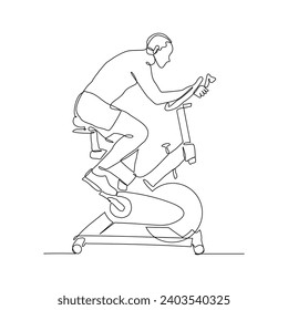 Dibujo continuo en una sola línea de un hombre atlético montando bicicleta estática en el gimnasio para entrenamiento de resistencia rápida. Una línea de arte de fitness deporte sano actividad ilustración vectorial