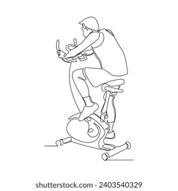 Continuous single line sketch drawing of athletic man riding static bicycle at gym for speed endurance training. One line art of fitness sport healthy activity vector illustration