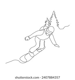 Continuous single line sketch drawing of man snowboarder ride speed at mountain. One line art of extreme sport winter snowboard vector illustration