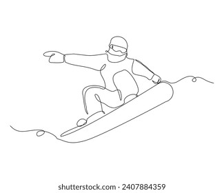 Continuous single line sketch drawing of man snowboarder ride speed at mountain. One line art of extreme sport winter snowboard vector illustration