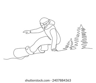 Continuous single line sketch drawing of man snowboarder ride speed at mountain. One line art of extreme sport winter snowboard vector illustration