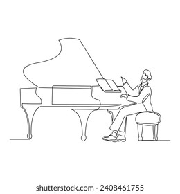 Continuous single line sketch drawing of professional pianist man playing classic piano orchestra. One line art of classic musician vector illustration