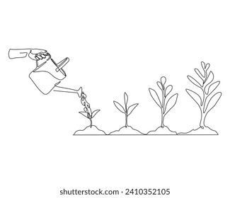 Continuous single line sketch drawing of watering can plant tree seedling growth. One line art of nature agriculture farming economy growing vector illustration