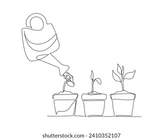 El dibujo continuo de un esbozo de una línea de riego puede plantar el crecimiento de la plántula de árboles. Una línea de arte de la naturaleza agricultura economía agrícola cultivo ilustración vectorial creciente