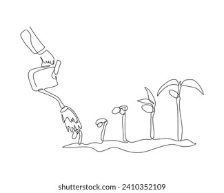 Continuous single line sketch drawing of watering can plant tree seedling growth. One line art of nature agriculture farming economy growing vector illustration
