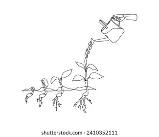 Continuous single line sketch drawing of watering can plant tree seedling growth. One line art of nature agriculture farming economy growing vector illustration
