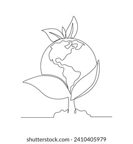 Continuous single line sketch drawing of the earth covered with plants green nature save earth. One line art of earth day concept vector illustration