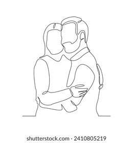 Continuous single line sketch drawing of romantic couple hugging together with love. One line art of valentine couple romance concept vector illustration