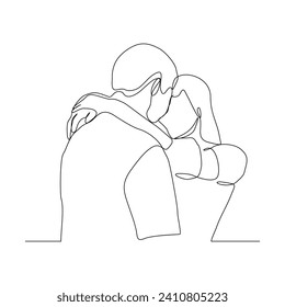 Continuous single line sketch drawing of romantic couple hugging together with love. One line art of valentine couple romance concept vector illustration