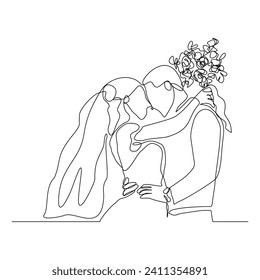 Continuous single line sketch drawing of romantic wedding couple groom and bride elegant suit and dress. One line art of  married couple wedding celebration day hug kiss pose vector illustration