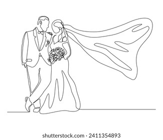 Continuous single line sketch drawing of romantic wedding couple groom and bride elegant suit and dress. One line art of  married couple wedding celebration day hug kiss pose vector illustration