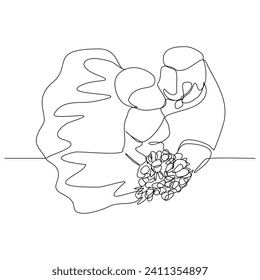 Continuous single line sketch drawing of romantic wedding couple groom and bride elegant suit and dress. One line art of  married couple wedding celebration day hug kiss pose vector illustration