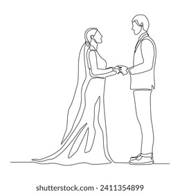 Dibujo continuo de una sola línea del novio romántico de la pareja de boda y vestido elegante de la novia. Una línea de arte de la celebración de bodas de pareja casada abrazo de beso de besada pose vectorial ilustración