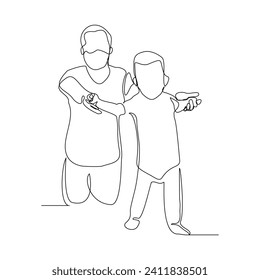 Continuous single line sketch drawing of father dad teaching child to walk and playing. One line art of love parenting family concept vector illustration
