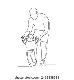 Continuous single line sketch drawing of father dad teaching child to walk and playing. One line art of love parenting family concept vector illustration