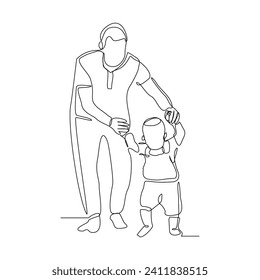Continuous single line sketch drawing of father dad teaching child to walk and playing. One line art of love parenting family concept vector illustration