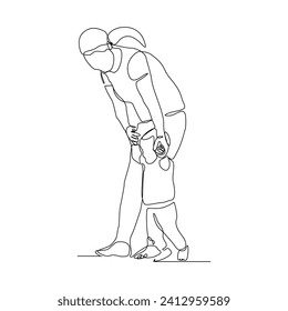 Continuous single line sketch drawing of mother mom teaching child to walk and playing. One line art of love parenting family concept vector illustration