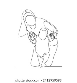 Continuous single line sketch drawing of mother mom teaching child to walk and playing. One line art of love parenting family concept vector illustration