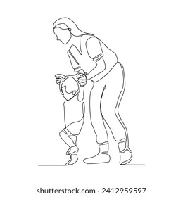 Continuous single line sketch drawing of mother mom teaching child to walk and playing. One line art of love parenting family concept vector illustration