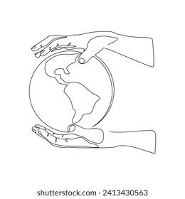 Continuous single line sketch drawing of palm hand holding earth globe save world environment. One line art of protect earth care world day vector illustration 