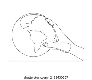 Continuous single line sketch drawing of palm hand holding earth globe save world environment. One line art of protect earth care world day vector illustration 