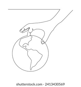 El dibujo de una línea continua de la mano de la palma sujetando el globo terrestre salva el medio ambiente mundial. Una línea de arte de proteger el cuidado de la tierra ilustración vectorial del día mundial 