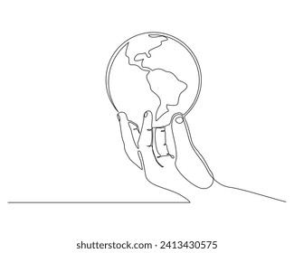 Continuous single line sketch drawing of palm hand holding earth globe save world environment. One line art of protect earth care world day vector illustration 