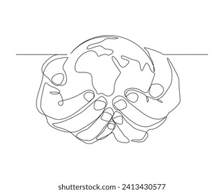 Continuous single line sketch drawing of palm hand holding earth globe save world environment. One line art of protect earth care world day vector illustration 