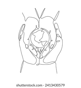 Continuous single line sketch drawing of palm hand holding earth globe save world environment. One line art of protect earth care world day vector illustration 