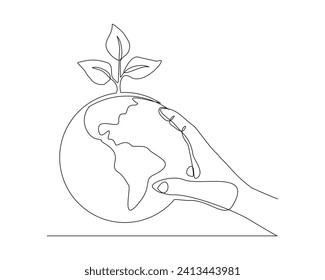 Continuous single line sketch drawing of palm hand holding earth globe and plant tree save world environment. One line art of protect nature ecology earth care world day vector illustration