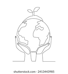Continuous single line sketch drawing of palm hand holding earth globe and plant tree save world environment. One line art of protect nature ecology earth care world day vector illustration