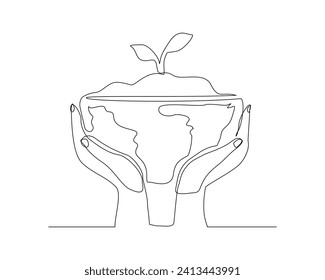 Continuous single line sketch drawing of palm hand holding earth globe and plant tree save world environment. One line art of protect nature ecology earth care world day vector illustration