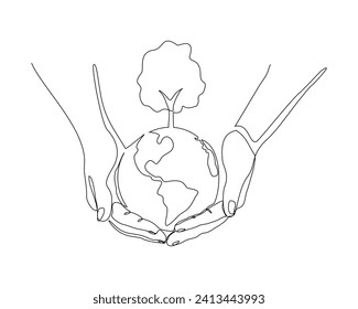 Continuous single line sketch drawing of palm hand holding earth globe and plant tree save world environment. One line art of protect nature ecology earth care world day vector illustration